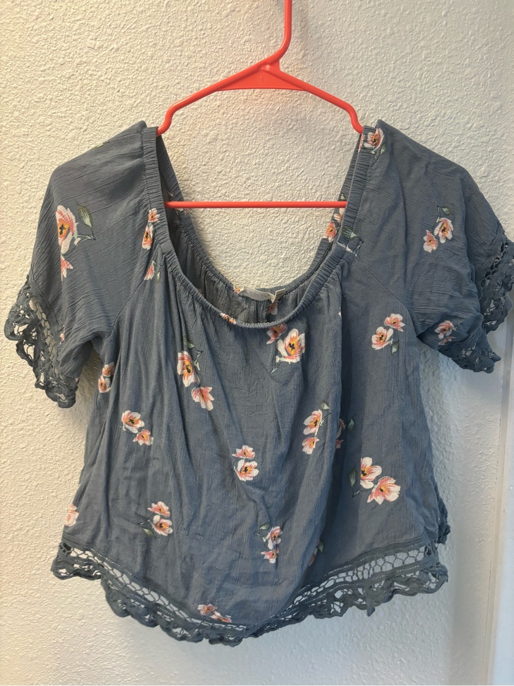 Chloe & Katie Slate Blue Floral Crochet-Trim Peasant Top